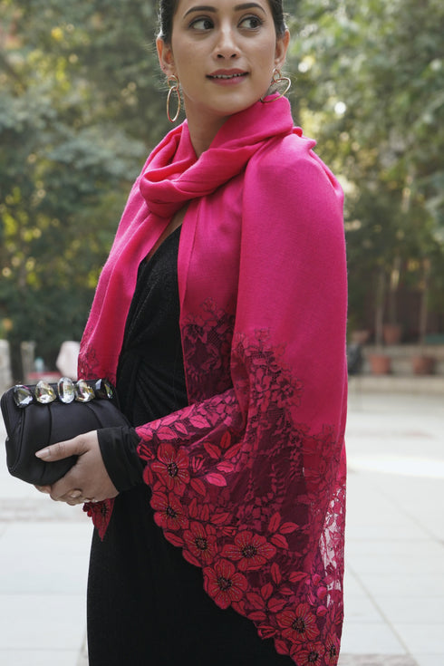 Floral Inset | Embroidered Fine Merino Wool Stole